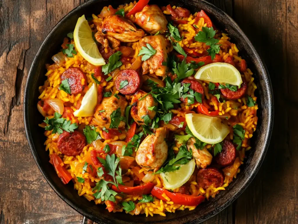 A freshly cooked chicken and chorizo paella in a rustic pan, topped with fresh parsley and lemon wedges
