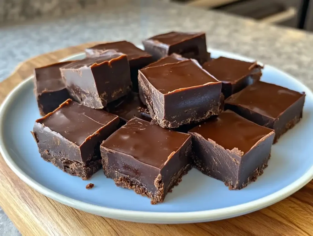 A plate of homemade easy fudge recipe squares arranged on a wooden surface.