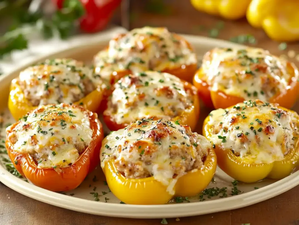 A plate of freshly baked stuffed bell peppers with golden melted cheese on top.