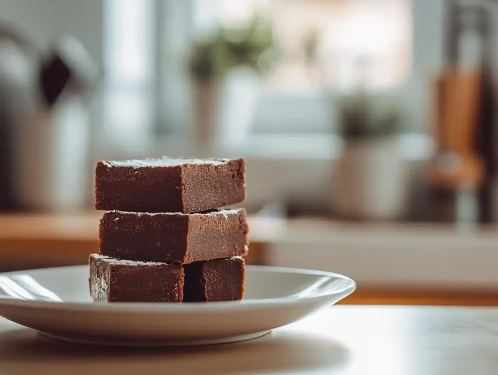 Easy Fudge Recipe, rich chocolate fudge squares on a white plate.