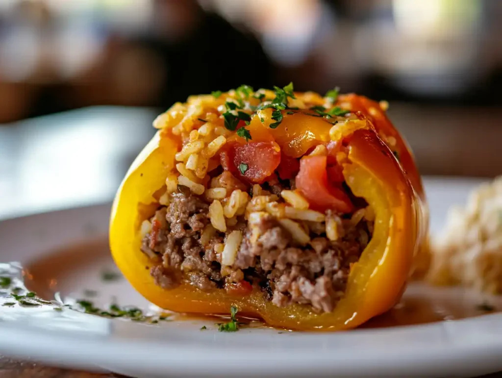 A close-up of a stuffed bell pepper cut open, showing its delicious filling.