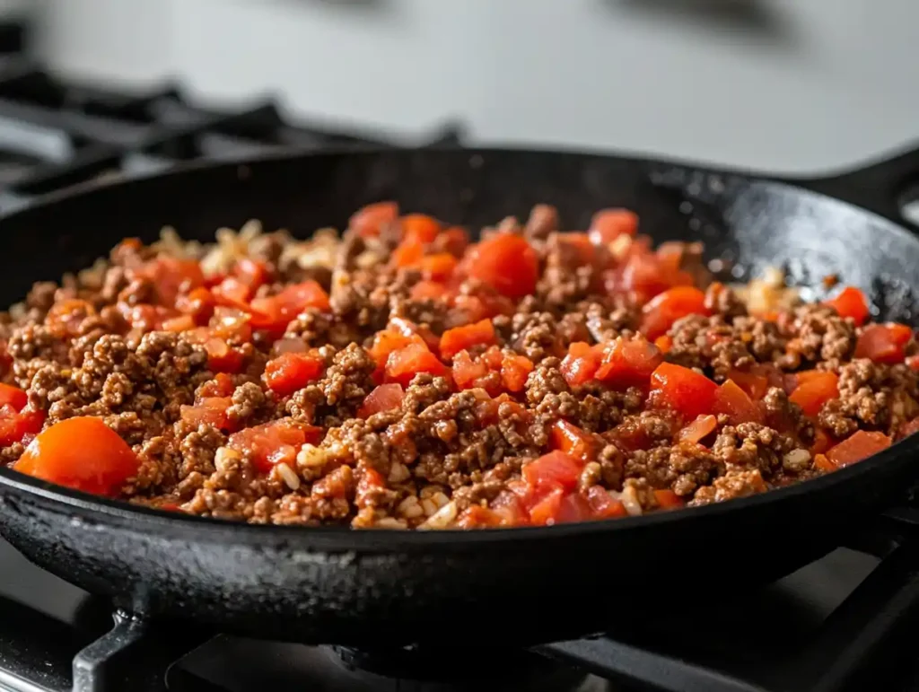 A skillet filled with ground beef, rice, diced tomatoes, and seasonings cooking together.