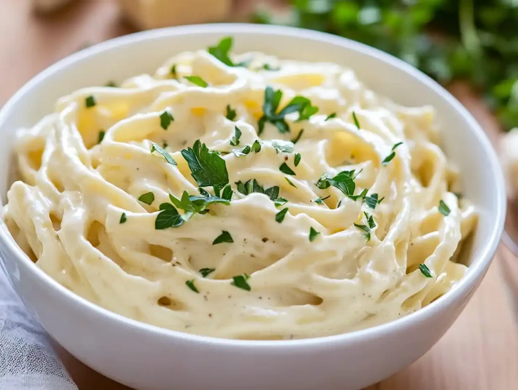 A bowl of Greek Yogurt Alfredo Sauce with a smooth texture and fresh herbs.