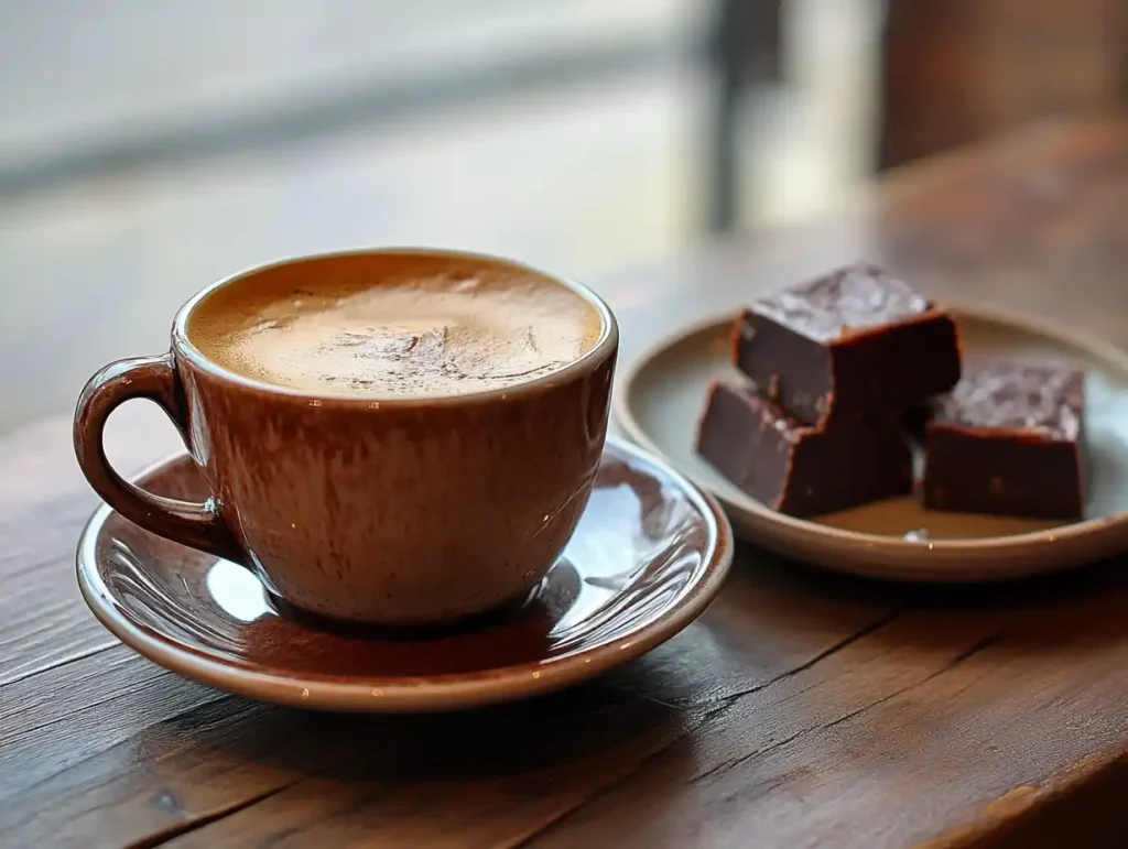 A cup of steaming coffee next to a plate of dark chocolate fudge pieces.