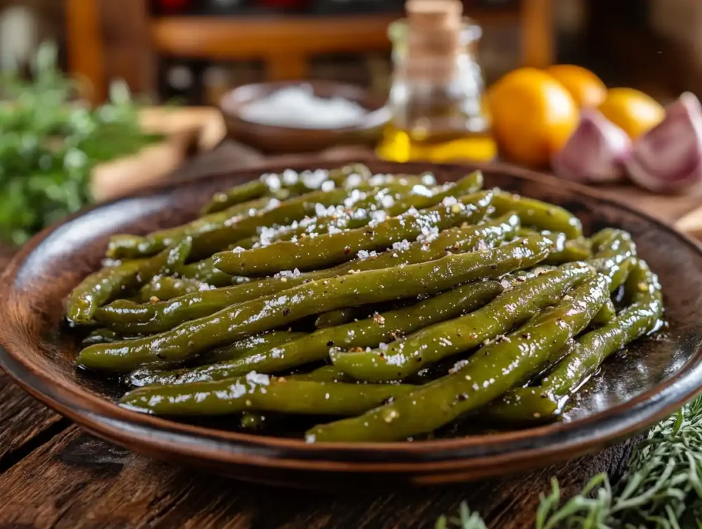 A plate of freshly smoked green beans garnished with salt and pepper, placed on a wooden table.