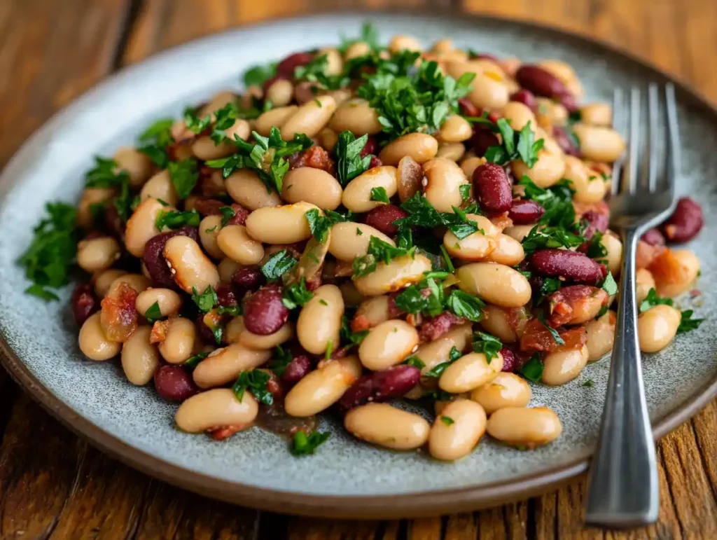 A serving of Dense bean salad on a white plate with fresh herbs.