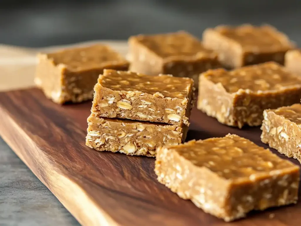 A sliced tray of no-bake oatmeal bars made with honey, oats, and peanut butter