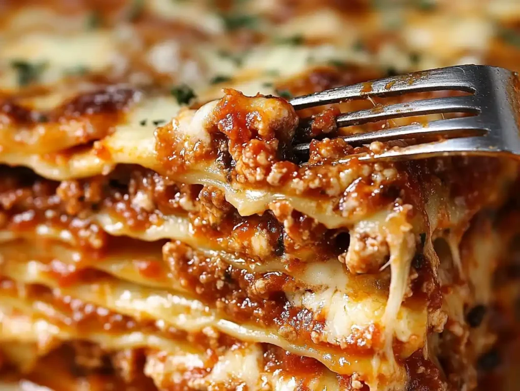 A close-up of a fork cutting into a cheesy slice of lasagna.