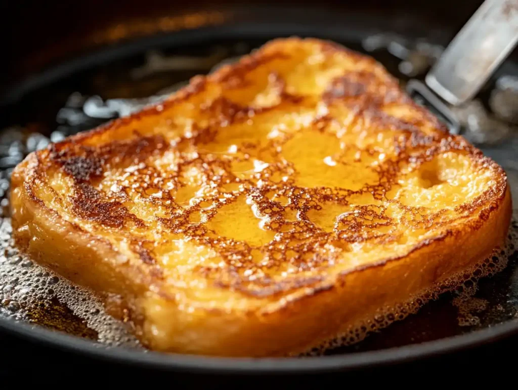 A slice of French toast cooking in a non-stick pan