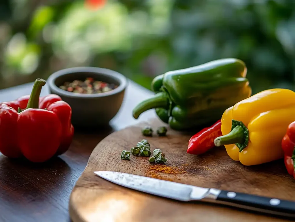 A selection of colorful bell peppers on a wooden cutting board, ready to be stuffed.