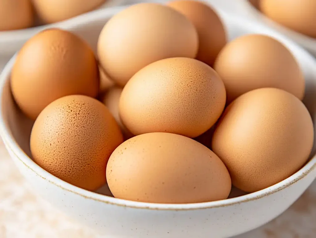 A close-up of fresh brown eggs arranged in a white bowl.