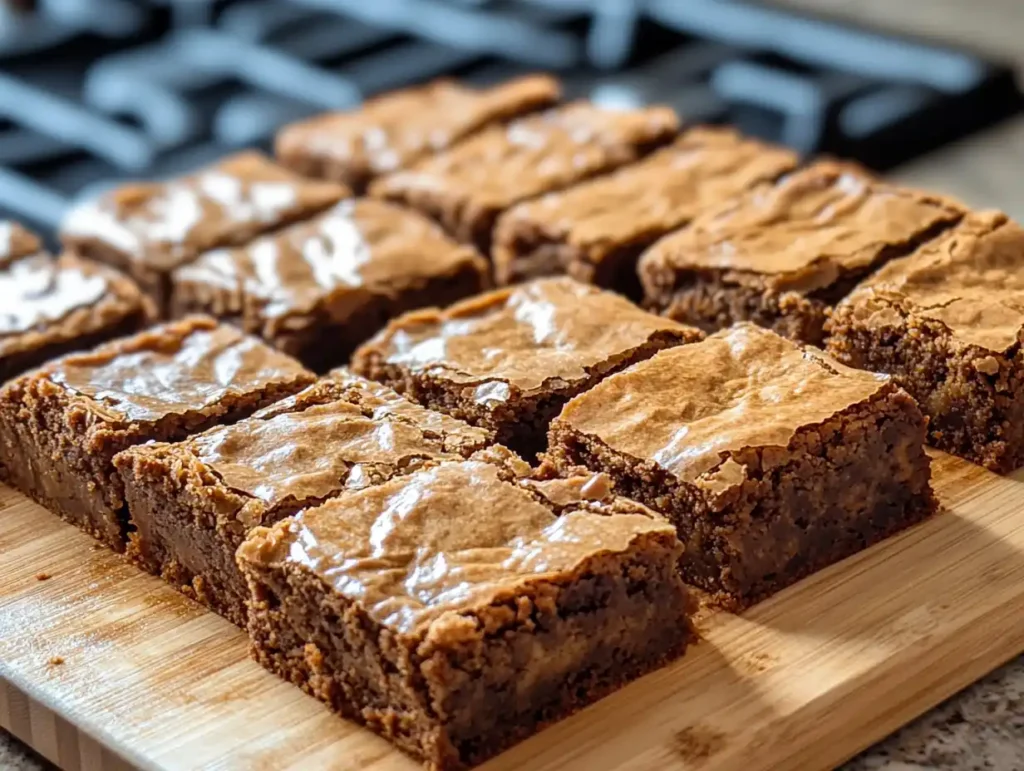 A batch of golden brown butterscotch brownies cut into squares on a wooden board.