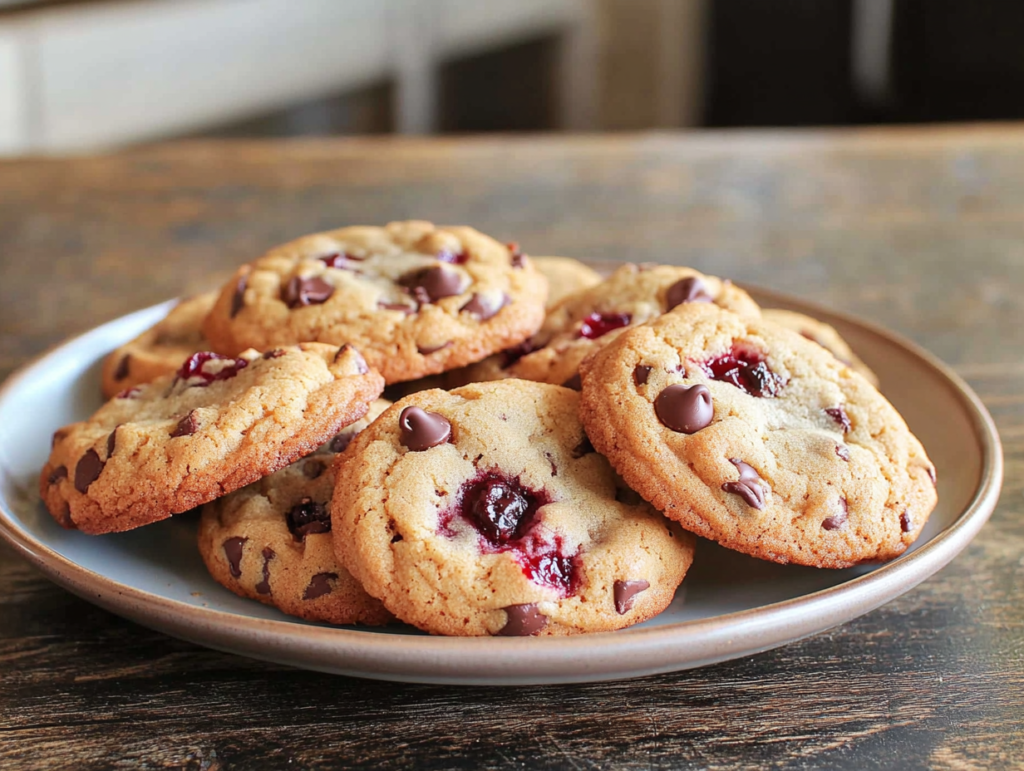 A batch of golden cherry chip cookies with melted chocolate chips.