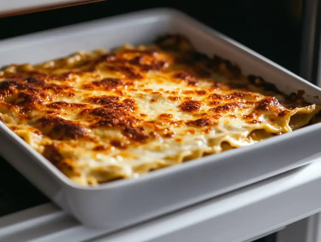 A golden-brown lasagna coming out of the oven.