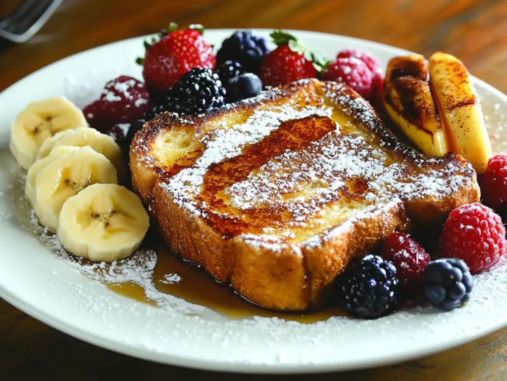 A plate of golden-brown French toast without milk, topped with fresh fruit