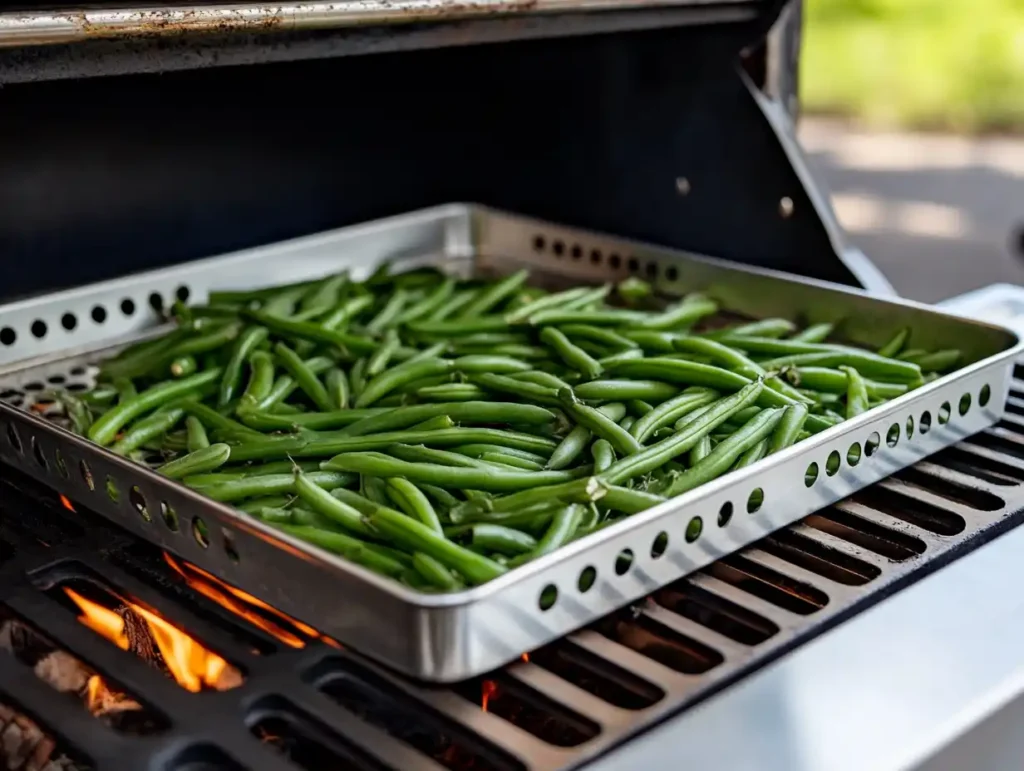 A grill with green beans placed on a perforated tray, slowly absorbing smoky flavors.