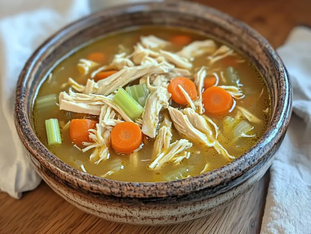 A bowl of steaming homemade chicken soup with shredded chicken, carrots, and celery