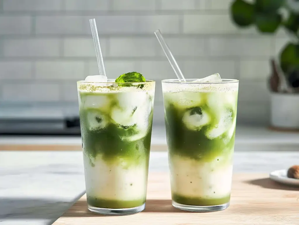 Two tall glasses of iced matcha latte with ice cubes, swirls of green matcha and milk, and clear straws on a wooden surface.