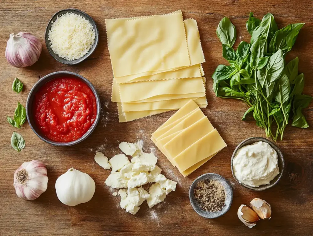 Fresh ingredients for making homemade lasagna, including pasta sheets, tomato sauce, and cheese.