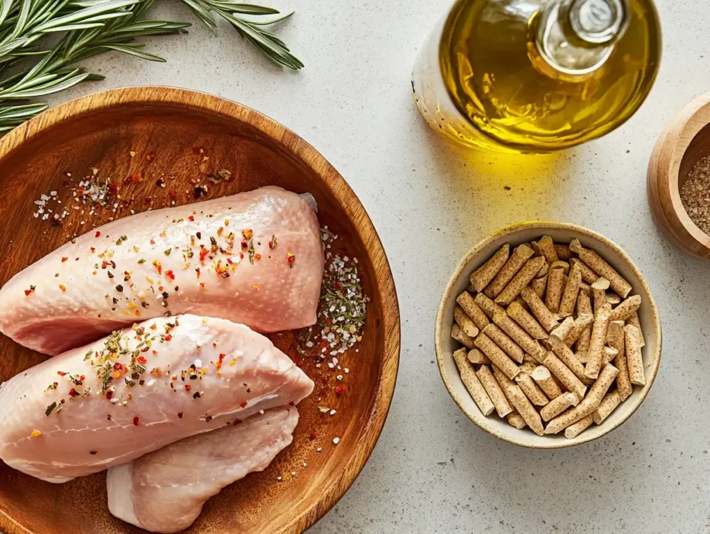 A flat lay of turkey breast, spices, wood pellets, and seasoning rub.