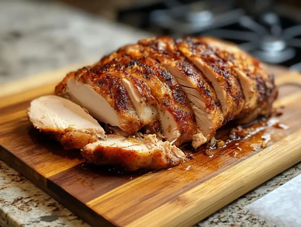 A perfectly smoked turkey breast on pellet grill sliced and served on a wooden cutting board.