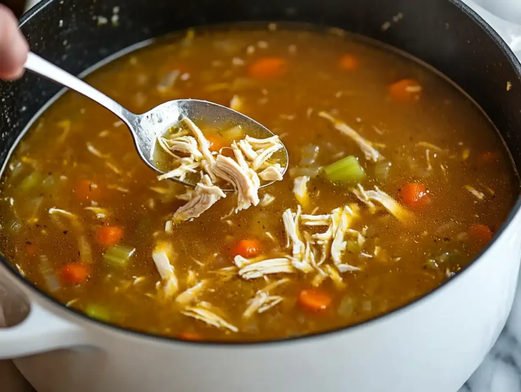 A ladle pouring steaming chicken soup into a bowl