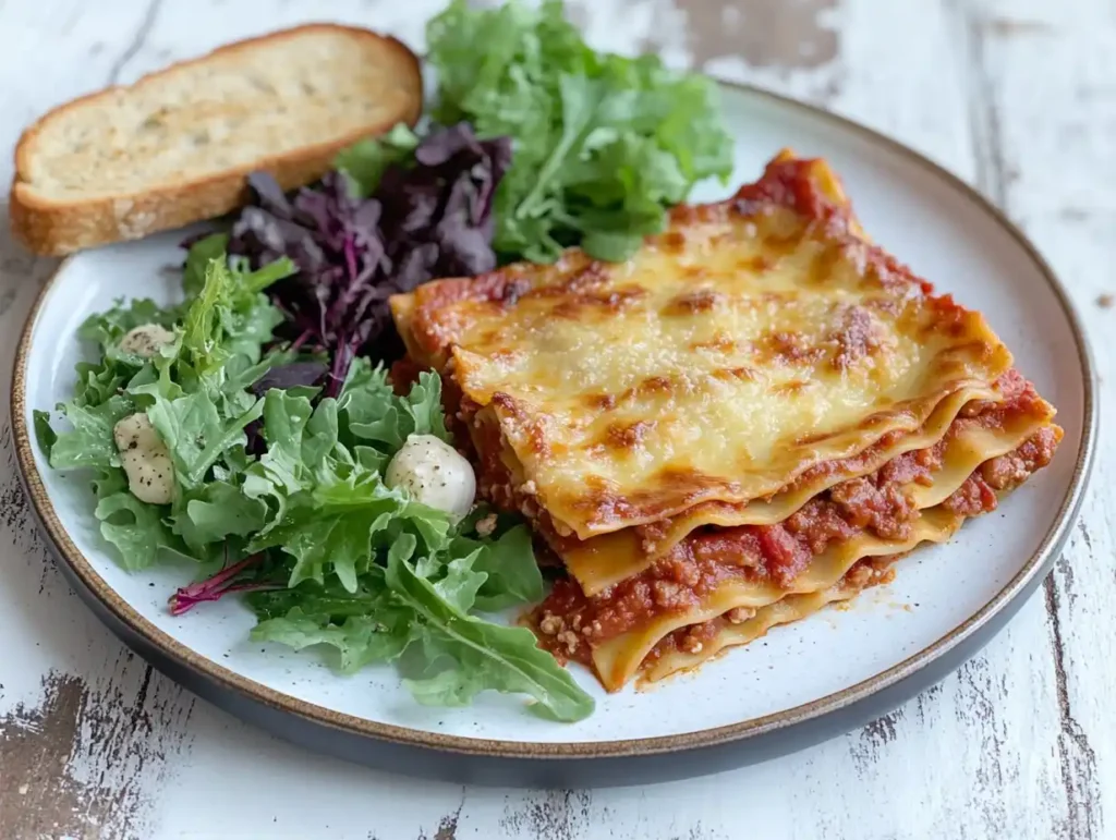 A plate of lasagna served with a side salad and garlic bread.