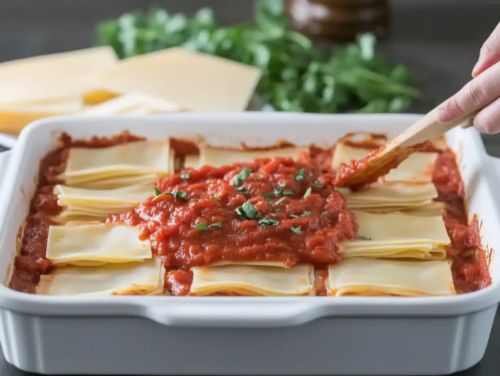 A person layering pasta sheets, sauce, and cheese in a baking dish.