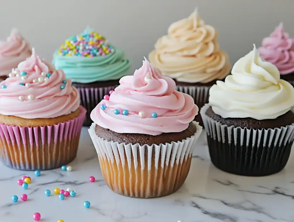 A variety of jumbo cupcakes decorated with frosting and sprinkles.