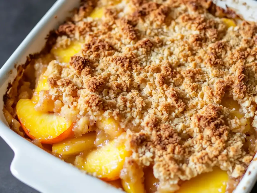 Freshly baked peach crumble in a white ceramic baking dish with golden, crispy topping.