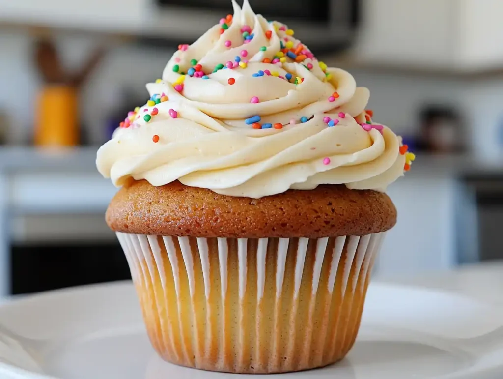 A golden-brown jumbo cupcake with fluffy frosting on top.