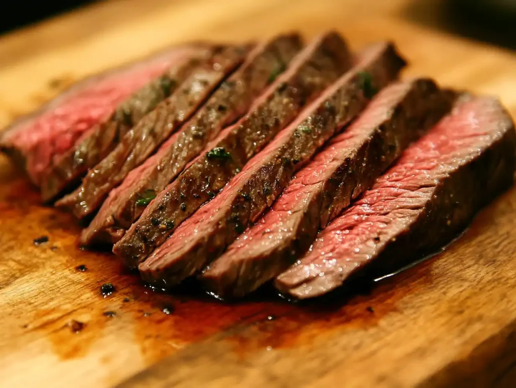 A juicy, sliced smoked London broil on a wooden cutting board.