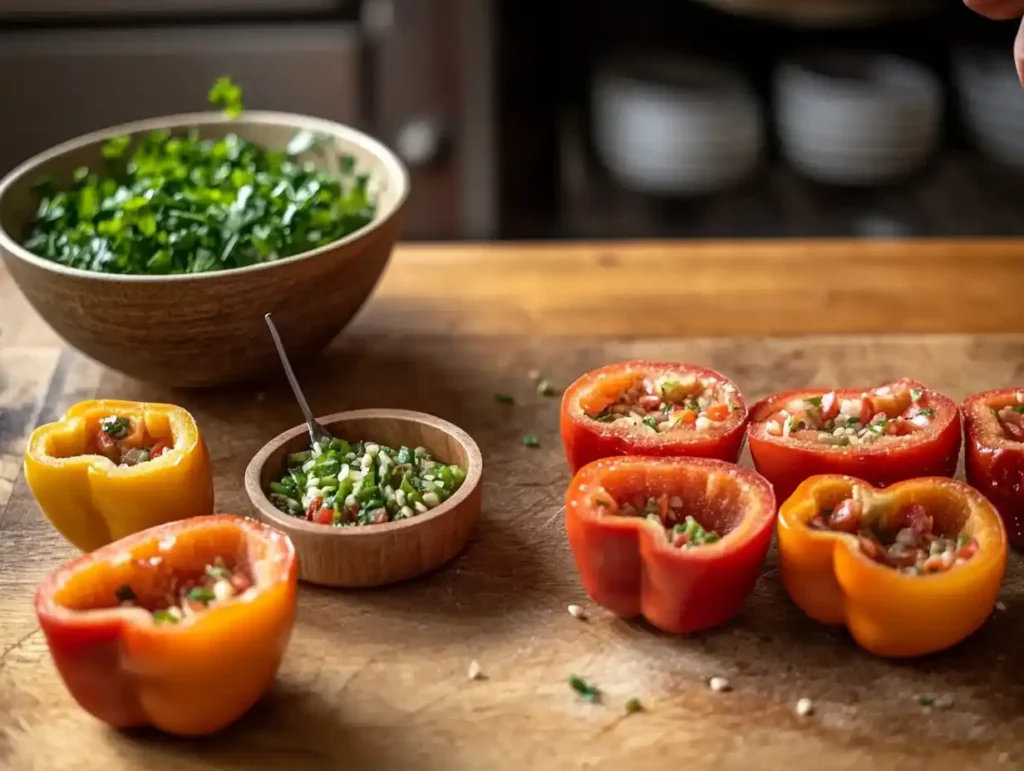 A kitchen scene with bell peppers being cut and cleaned, with seeds removed.