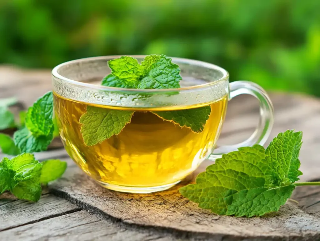 A cup of lemon balm tea with fresh leaves on a wooden table