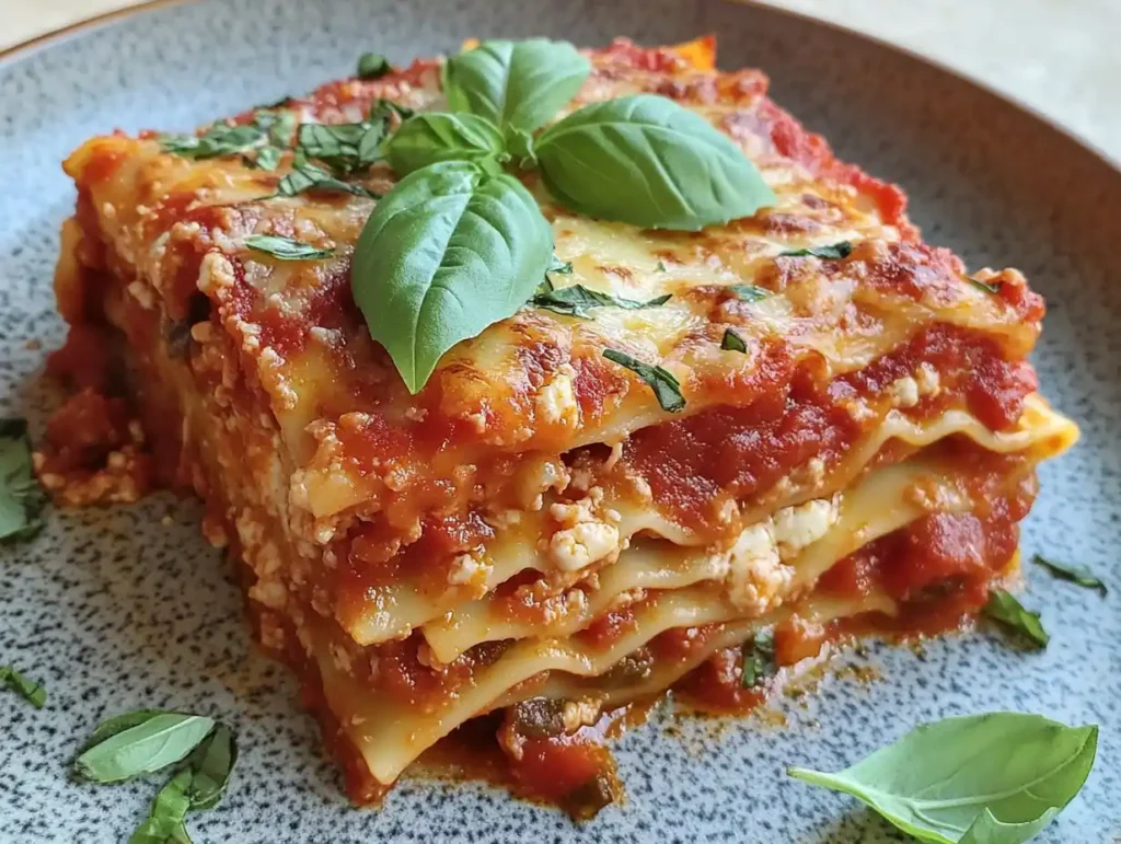 A single serving of Barilla lasagna recipe on a white plate, garnished with fresh basil.