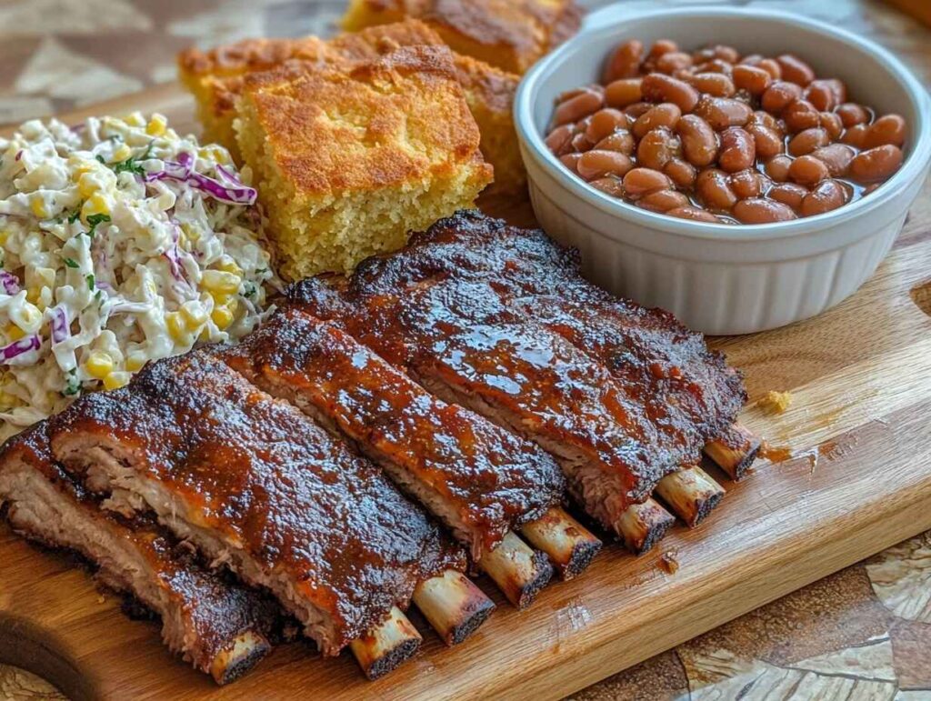 A plate of smoked country style ribs with coleslaw, cornbread, and baked beans.