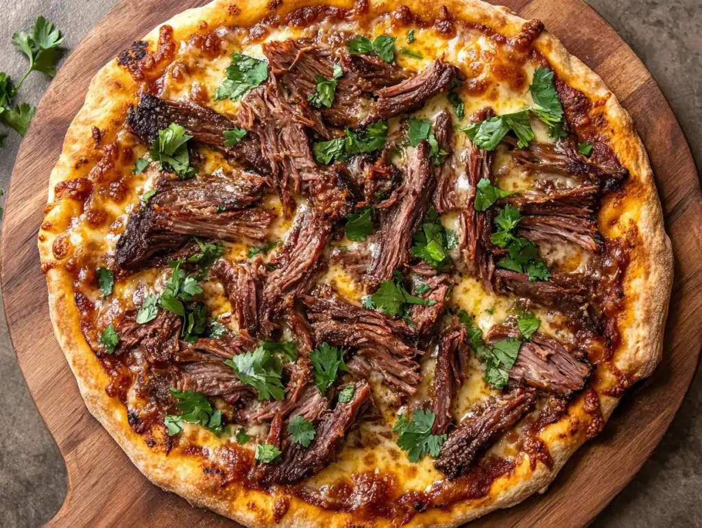 A freshly baked brisket pizza with a golden crust, melted cheese, and smoked brisket slices on top.