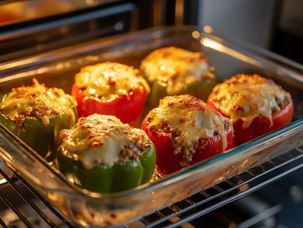 A beautifully plated serving of stuffed bell peppers garnished with fresh herbs.