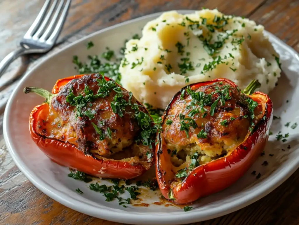 A beautifully plated serving of stuffed bell peppers garnished with fresh herbs.