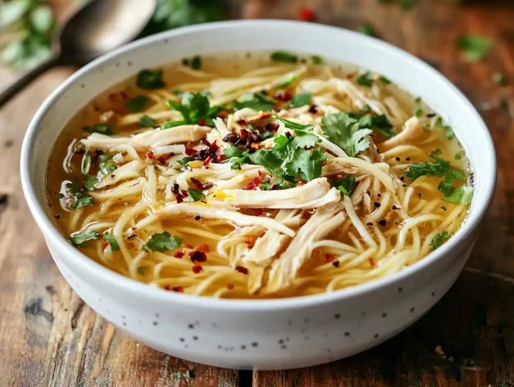 A steaming bowl of gluten free chicken noodle soup with fresh herbs