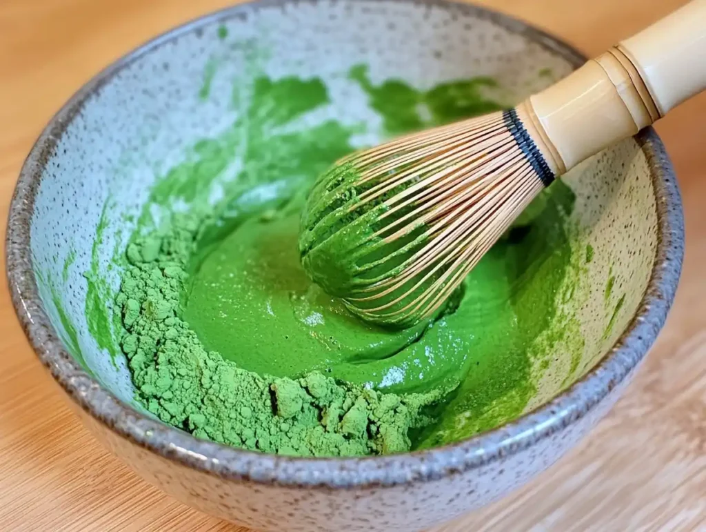 A bowl of matcha powder being whisked with water to create a smooth, frothy base.