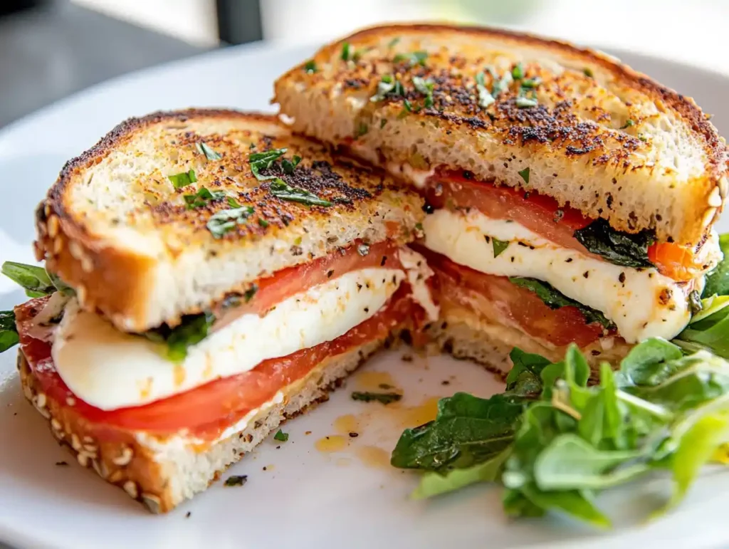 A Caprese sandwich on a plate with a fresh side salad.