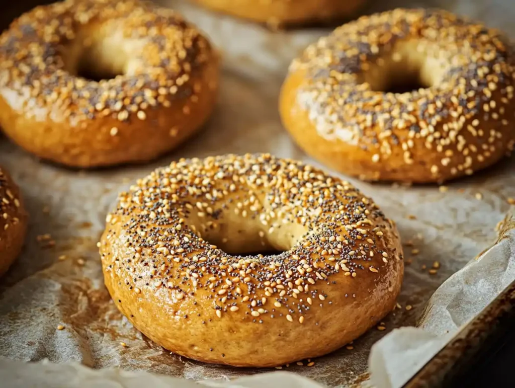 A stack of golden brown high protein bagels recipe on a wooden board.