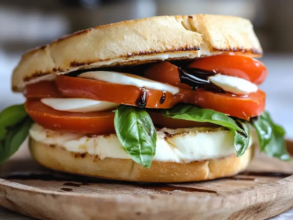 A fresh Caprese sandwich with basil, mozzarella, and tomato on toasted bread.