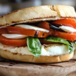 A fresh Caprese sandwich with basil, mozzarella, and tomato on toasted bread.