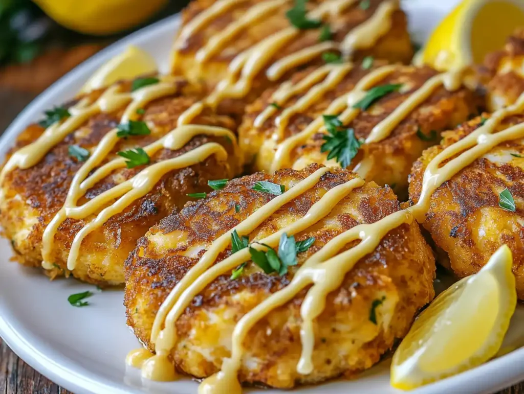 A plate of crispy Cheddar Bay Crab Cakes with Lemon Butter Drizzle .